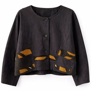 Boho Mudcloth Patchwork Crop Jacket Black Mustard Artisan Jacket
